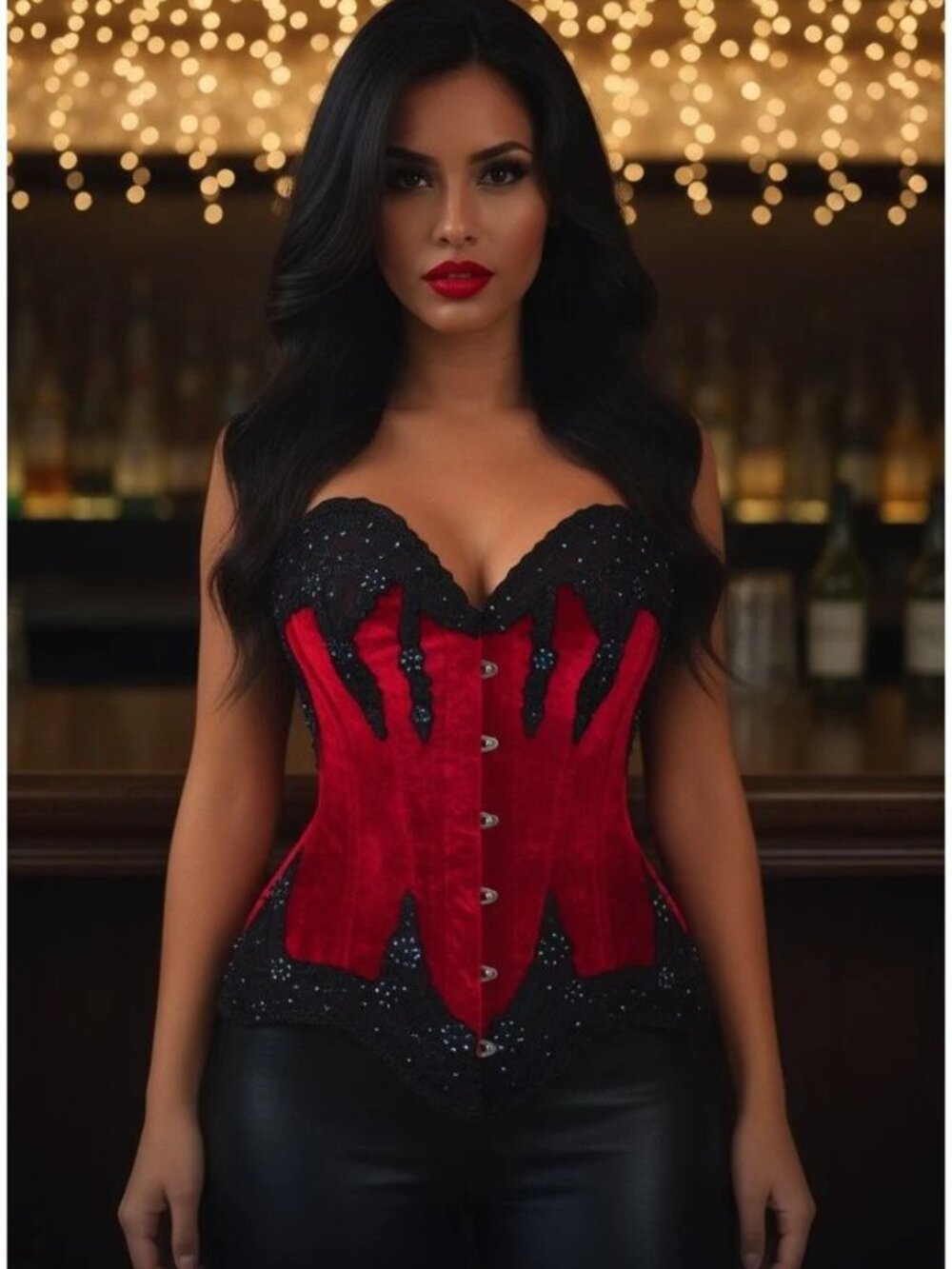Dark Red Velvet & Beaded Steel Boned Overbust Corset